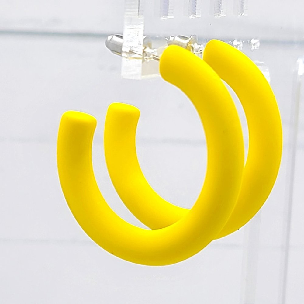 1.5" Semi Oblong Yellow Matte Texture Half Hoop Earrings